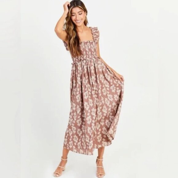 Altar’d State Ania Smocked Floral Maxi Dress Brown Boho Cottagecore L - Picture 4 of 4